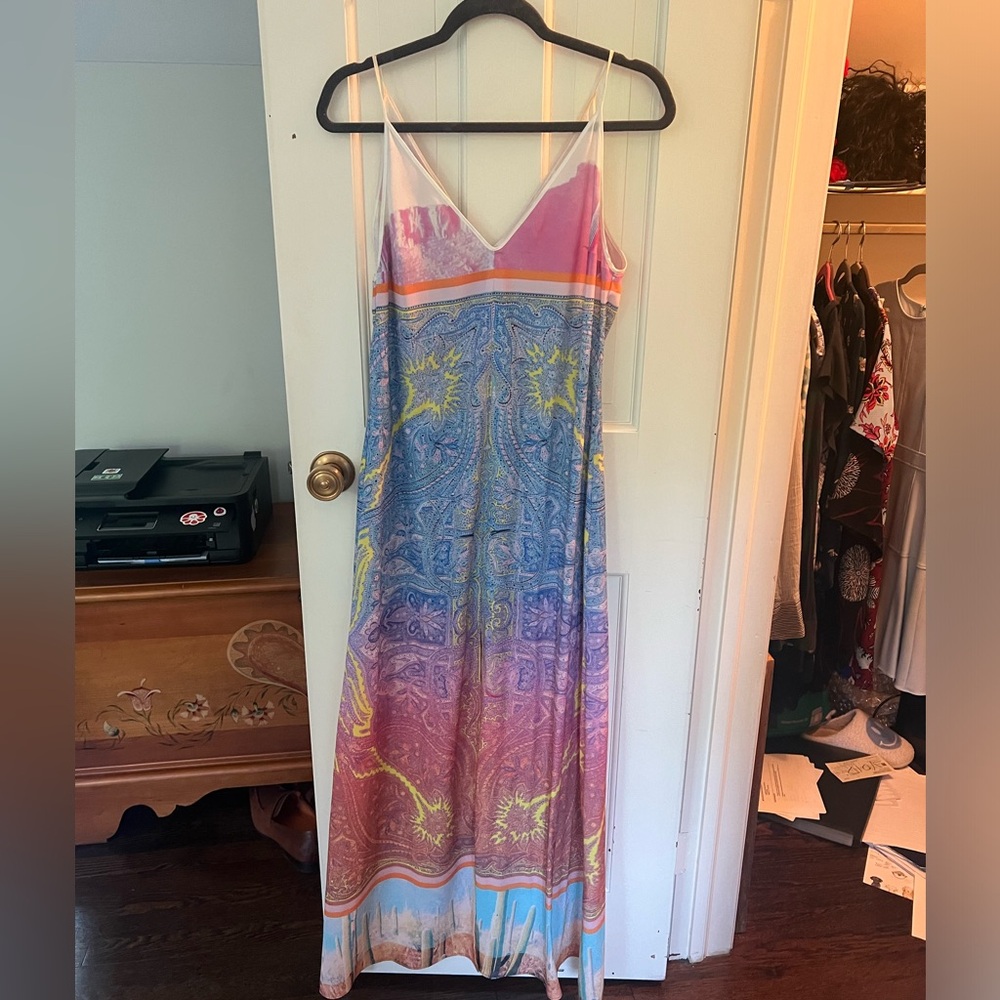 Clover Canyon size M printed maxi dress, center slit, desert print